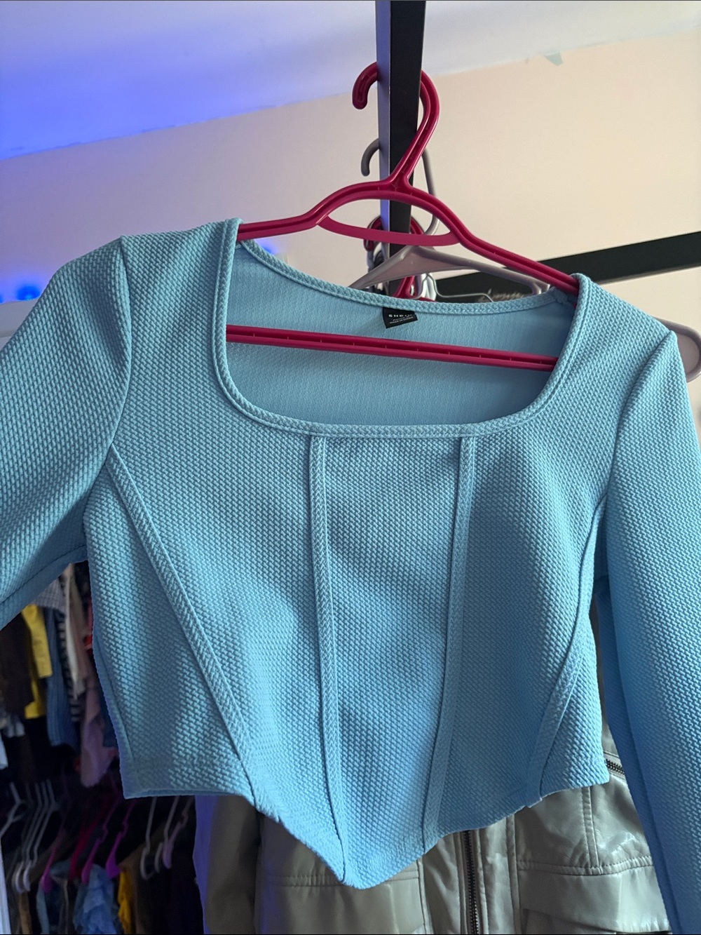 SHEIN Light Blue Textured Square Neck Cropped Top